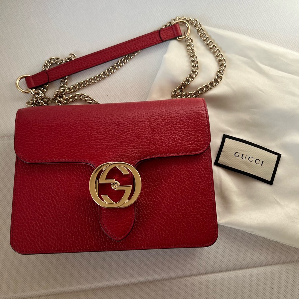 Gucci Genuine Leather Interlocking Red Shoulder Bag Small